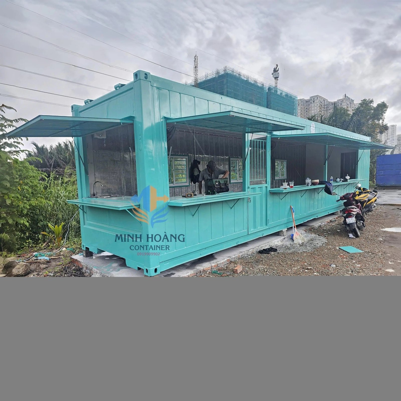 Container Cafe 40 Feet Xanh Ngọc Có Toilet Vỏ Lạnh